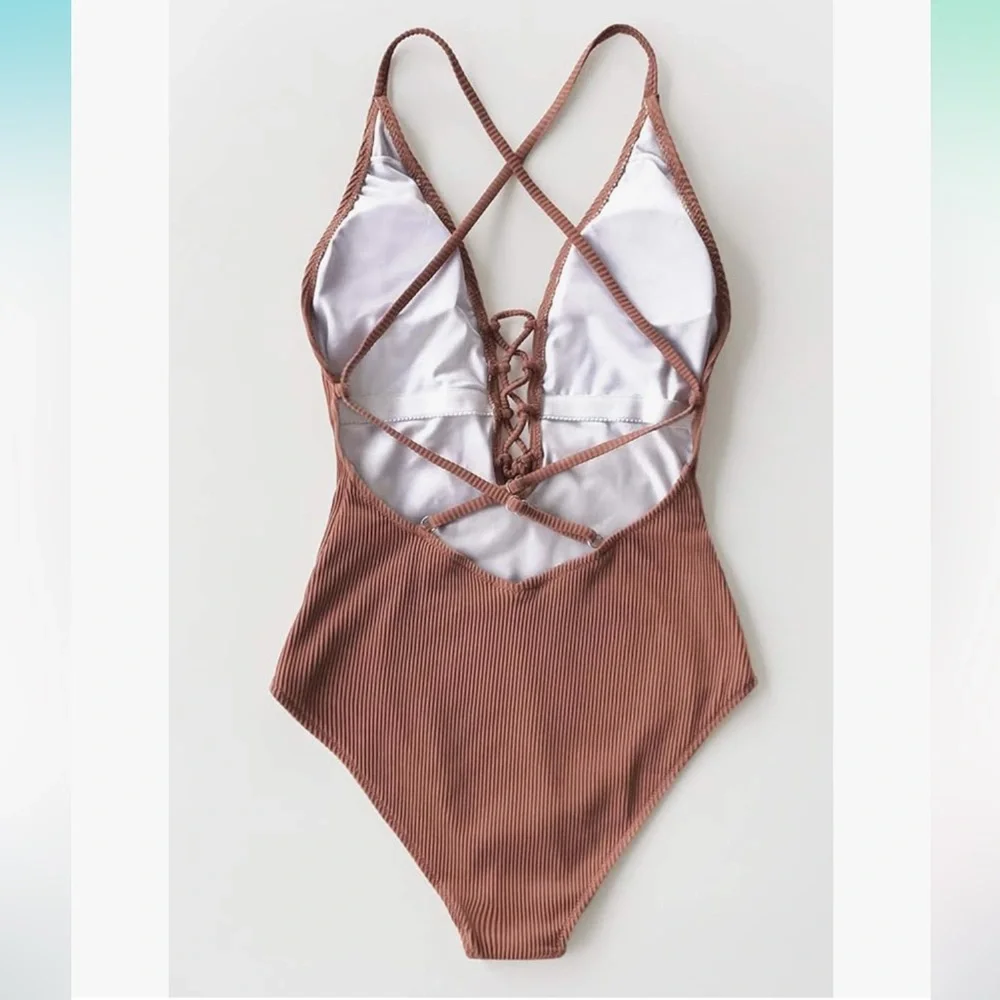 CUPSHE Solid Color V Neck Lace Up One Piece Swimsuit Size XS - Picture 4 of 10